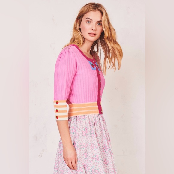 New LoveShackFancy Benny Crochet-trimmed Pima Intarsia Cardigan Size M